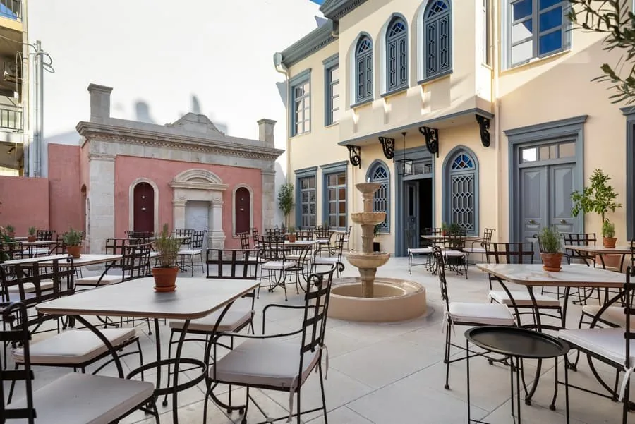 Tables in front of the facade
