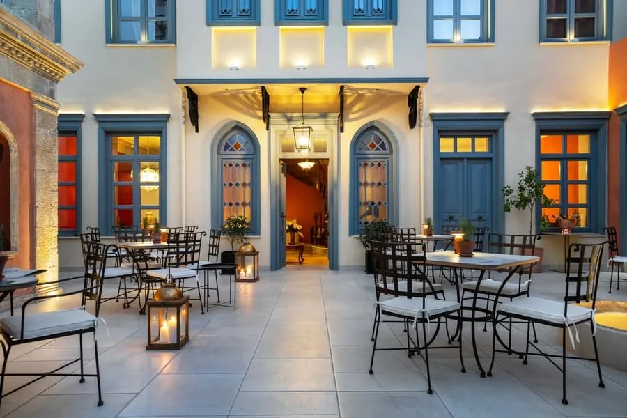 The entrance lit at dusk