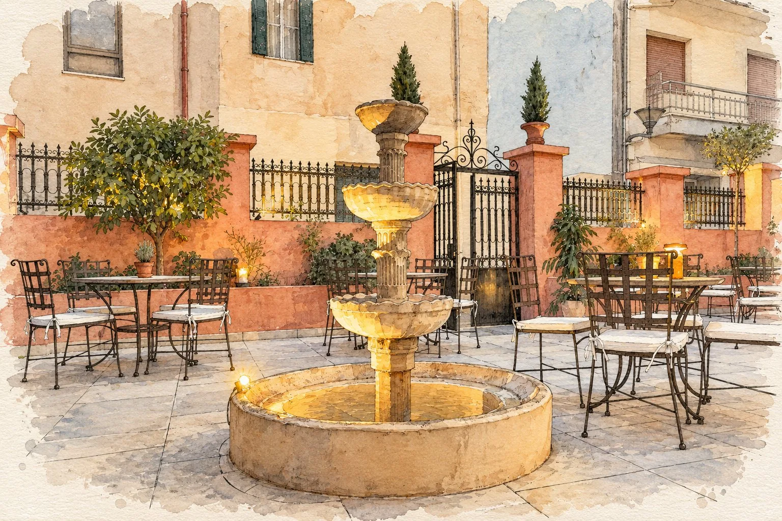 Engraving: the courtyard fountain at dusk