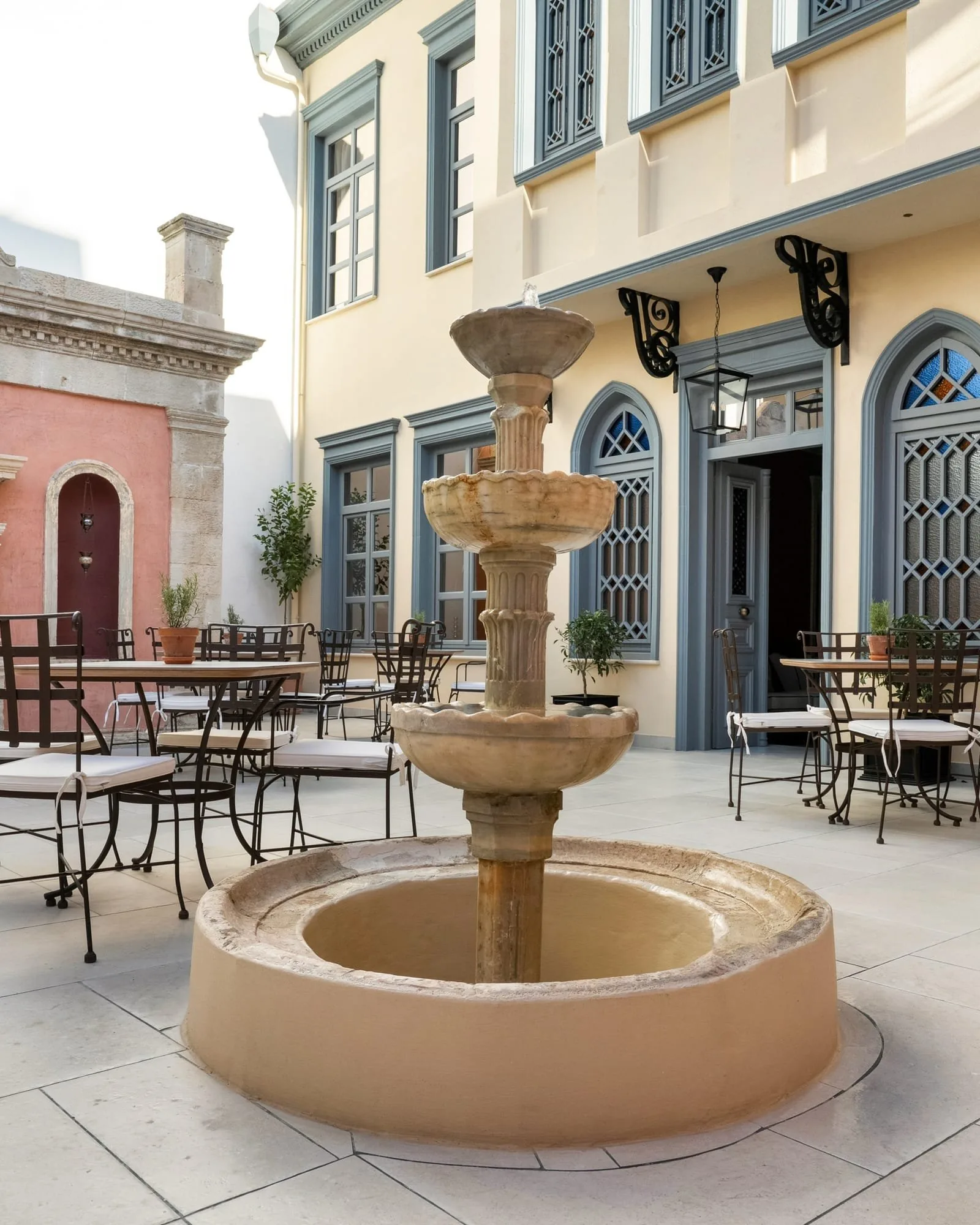 The stone fountain in the courtyard